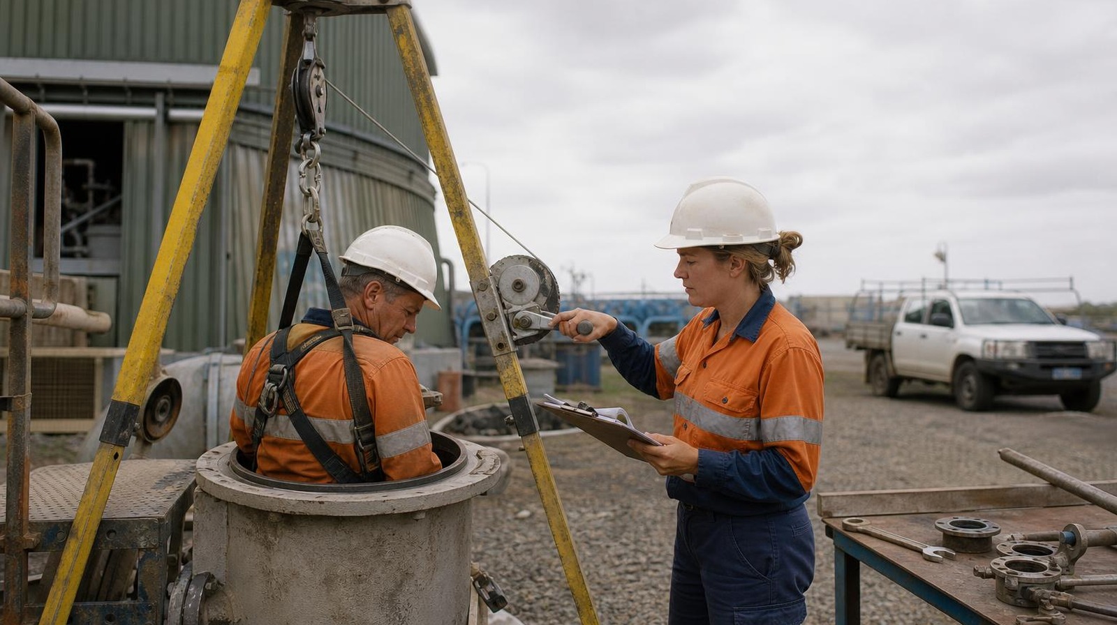Perth worker harnessed under tripod entering vertical confined space tank at Welshpool training yard while stand-by attendant logs the entry permit.