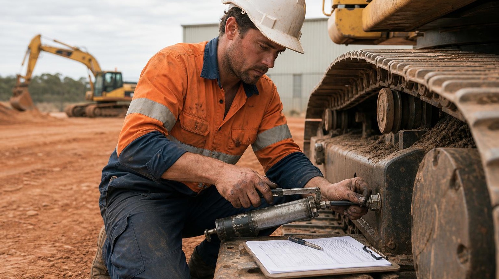 Perth operator using a grease gun on a tracked excavator track tensioner with pre-start checklist on the track pad at a Welshpool yard.