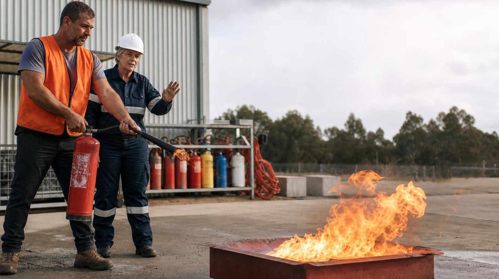 Perth fire safety trainee in the PASS stance aiming a dry chemical powder extinguisher at a live burn tray while a trainer coaches from beside him at a Welshpool training pad.