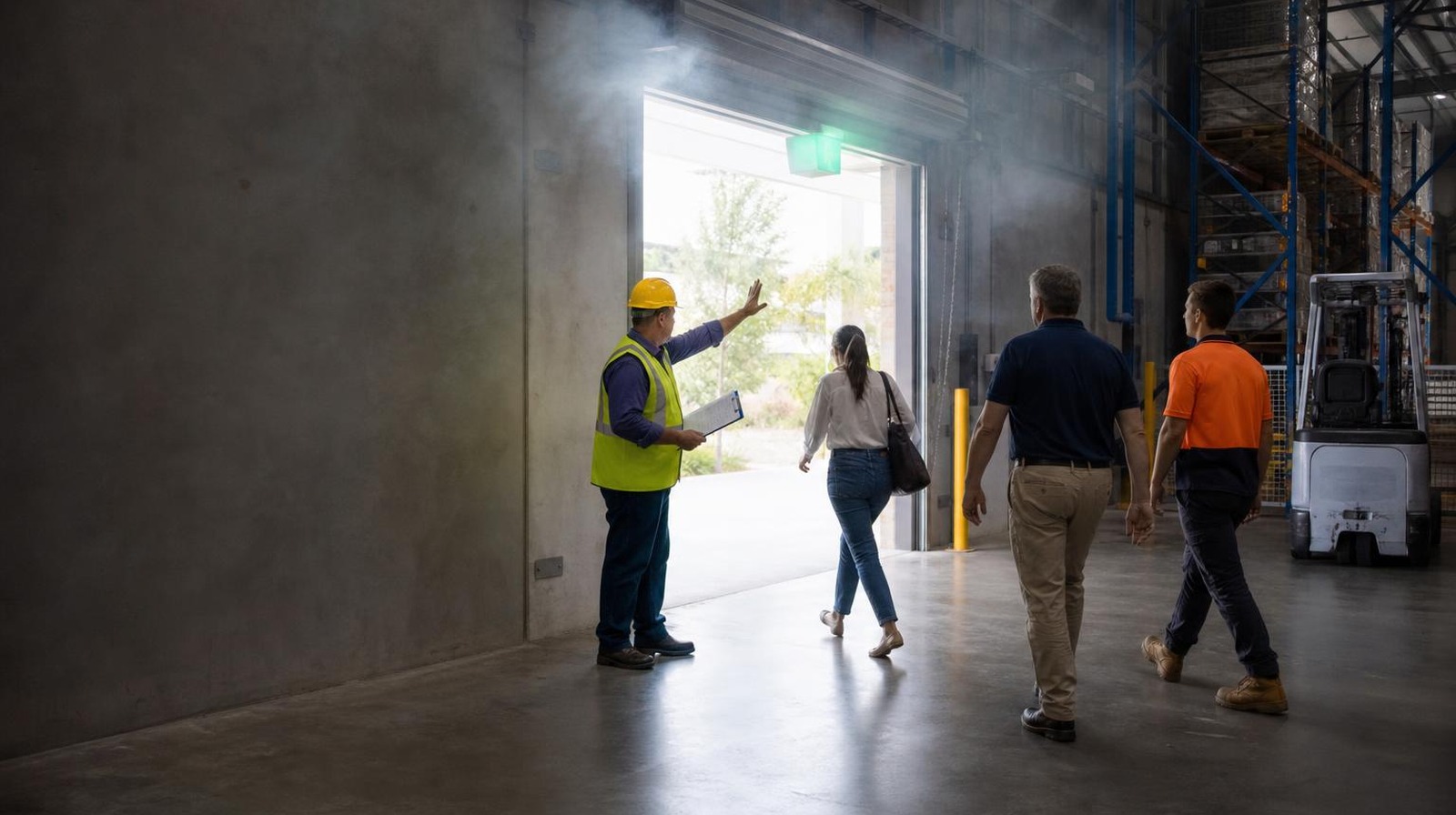 Yellow-vested chief warden directing warehouse staff to the exit during a Perth fire warden evacuation drill with theatrical smoke at head height.