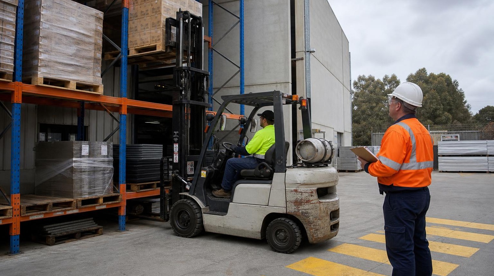 WorkSafe WA assessor observing an FLT licence Perth candidate stacking a pallet into racking on a counterbalance forklift at Welshpool