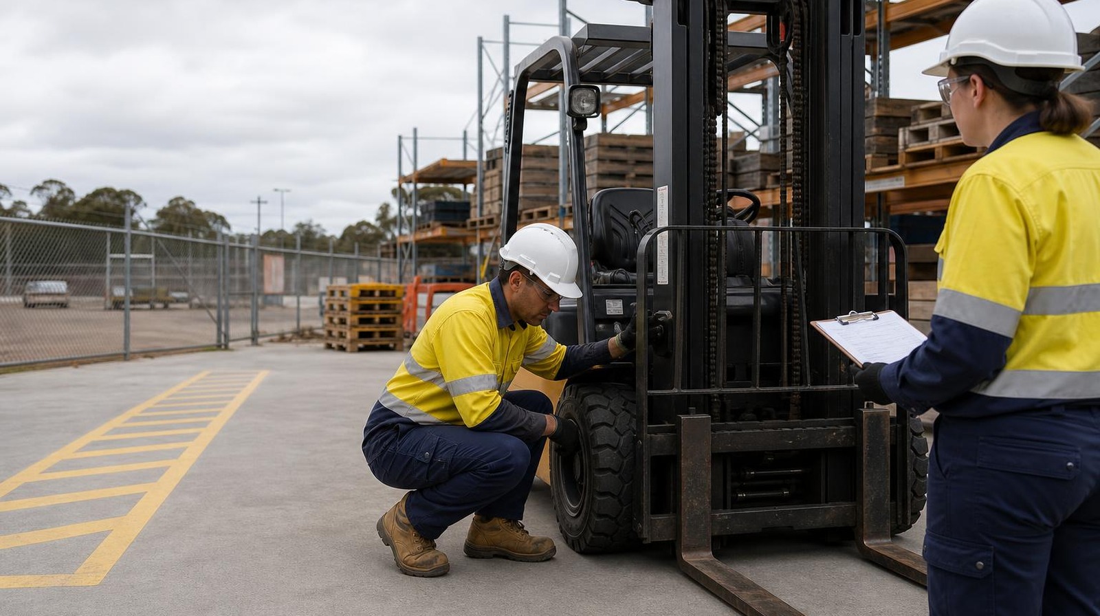 FLT licence Perth candidate completing a pre-operational mast chain and tyne inspection on a counterbalance forklift in a Welshpool training yard