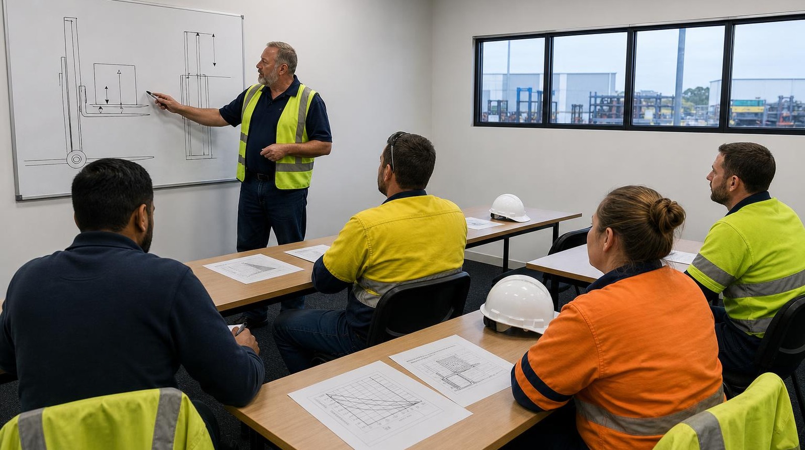 Forklift course Perth TLILIC0003 load chart theory classroom TLILIC0003 forklift course Perth theory class with trainer at whiteboard explaining mast load centre while candidates study load chart handouts
