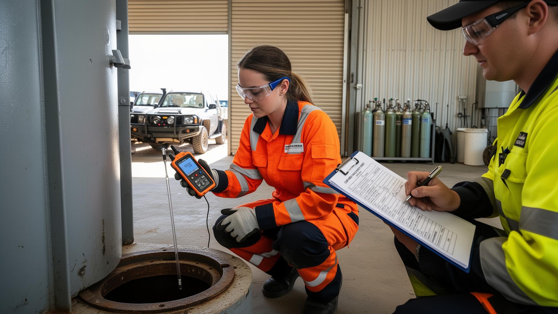 Naval Base WA trainee in hi-vis lowering a sample tube from a four-gas detector into a mock tank entry point while a standby person records the reading on a confined space entry permit.