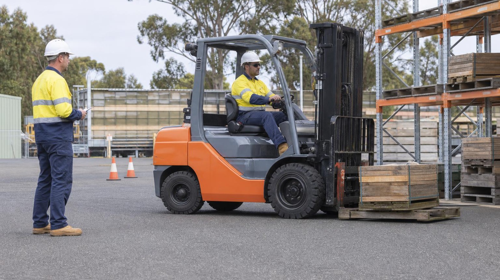 High risk work licence Perth trainee completing an LF forklift assessment at a Belmont training yard.