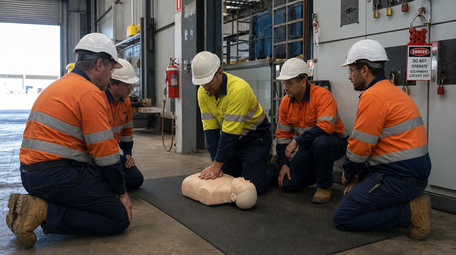 Instructor demonstrating CPR on training manikin beside locked-out switchboard during LV rescue Perth course at Naval Base