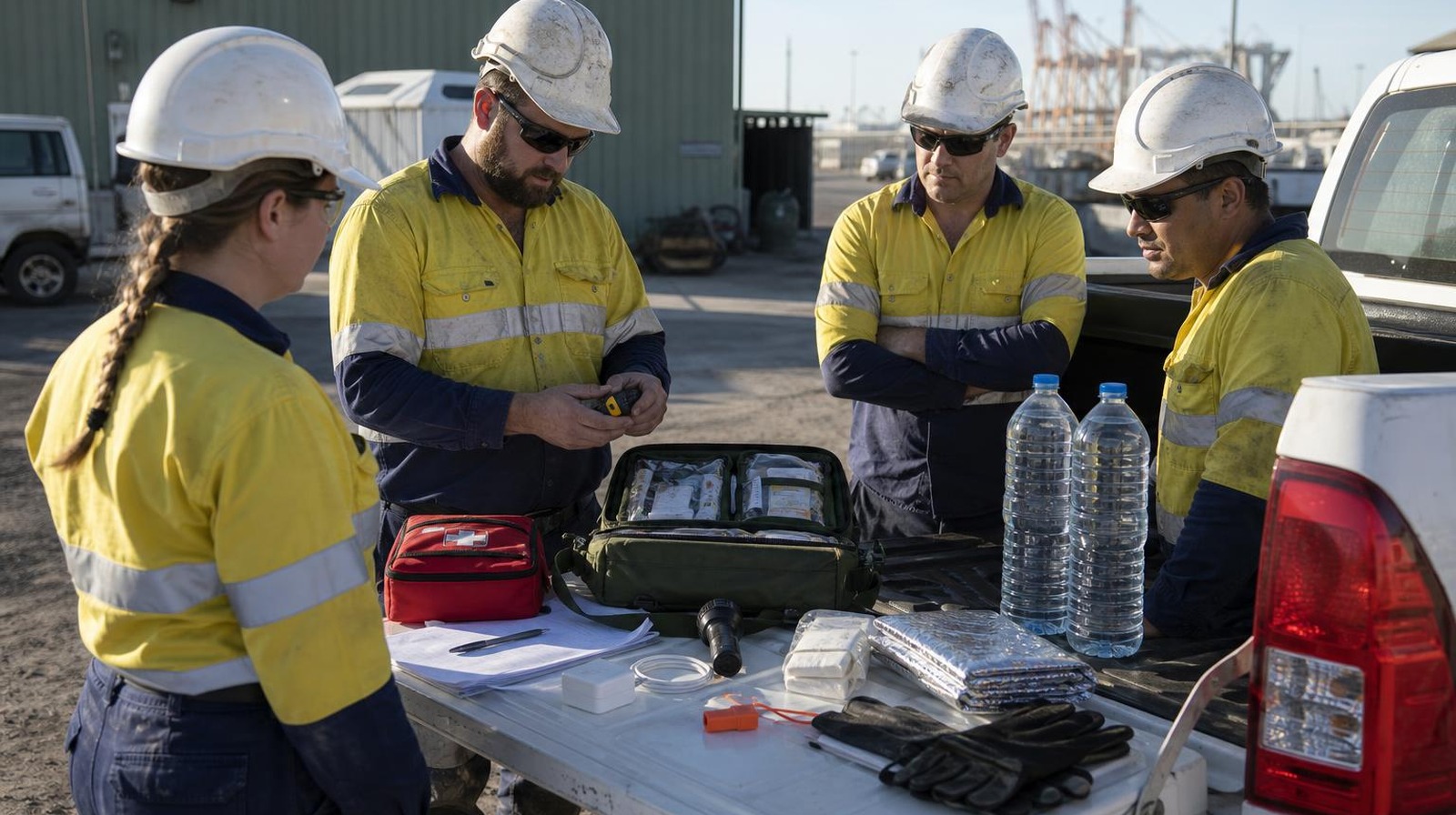 Field crew inspecting vehicle survival and first aid kit beside a ute in Naval Base industrial yard