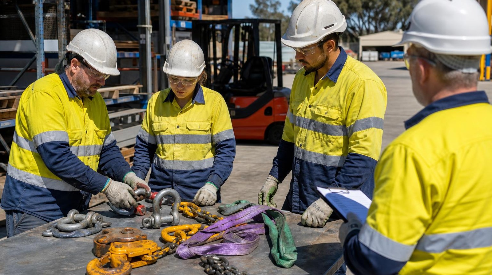 The Rigging Course Perth — Sling and Shackle Inspection (Belmont) Rigging trainees inspecting shackles slings chains and lifting hooks during the rigging course Perth practical at Belmont