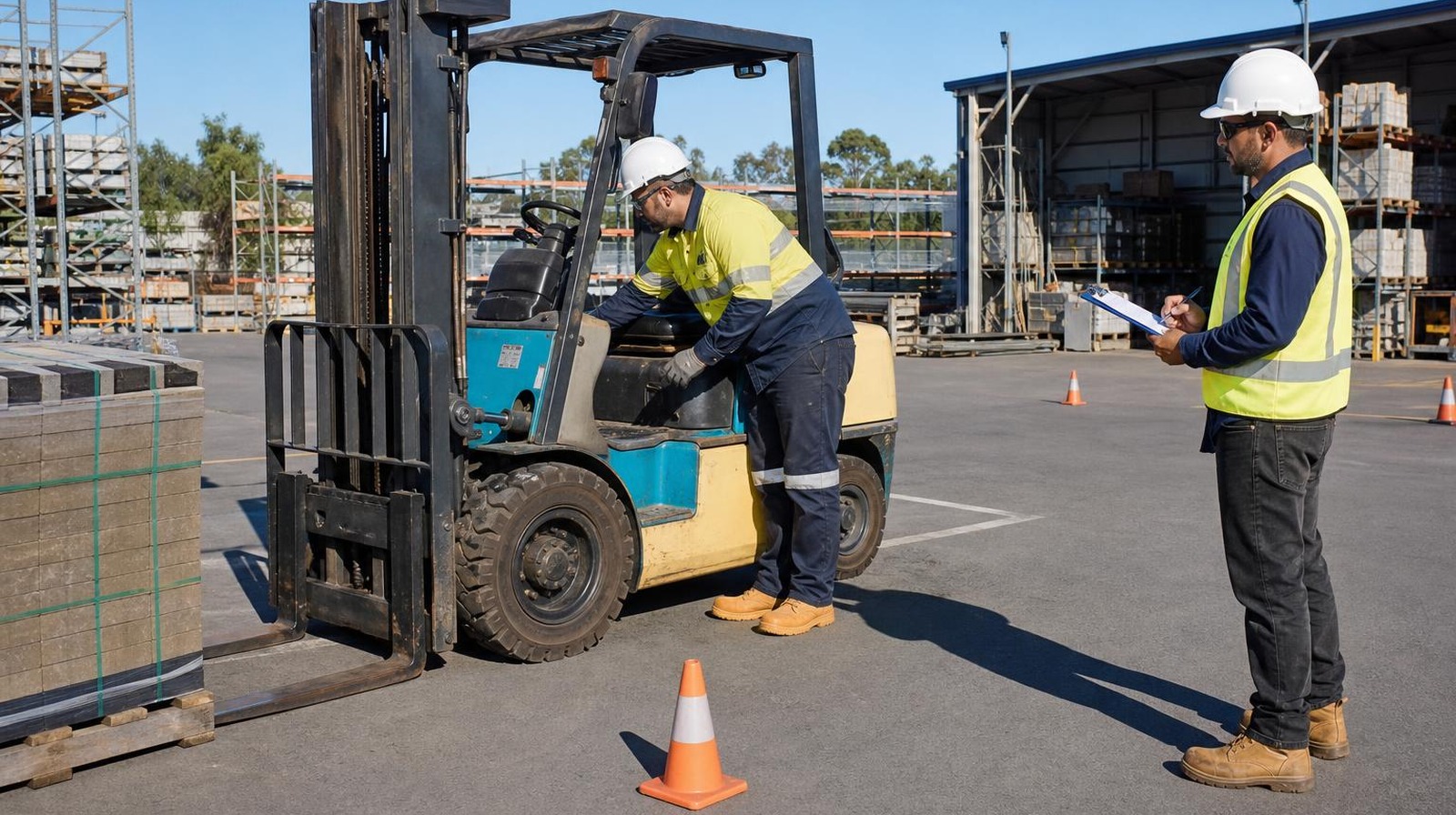 VOC Assessments Perth — Forklift Pre-Start Check (Belmont) Forklift operator completing pre-start inspection during VOC Assessments Perth practical at Belmont yard