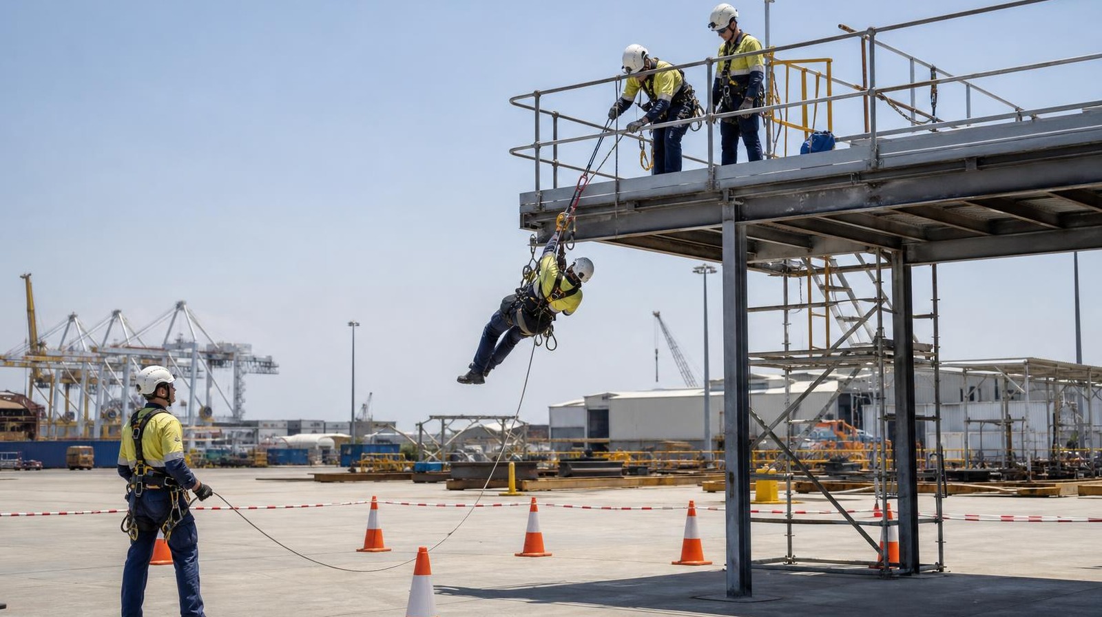 Work From Height Training Perth — Edge Rescue Drill (Naval Base) Work from height trainees practising suspended colleague rescue drill on elevated platform at Naval Base
