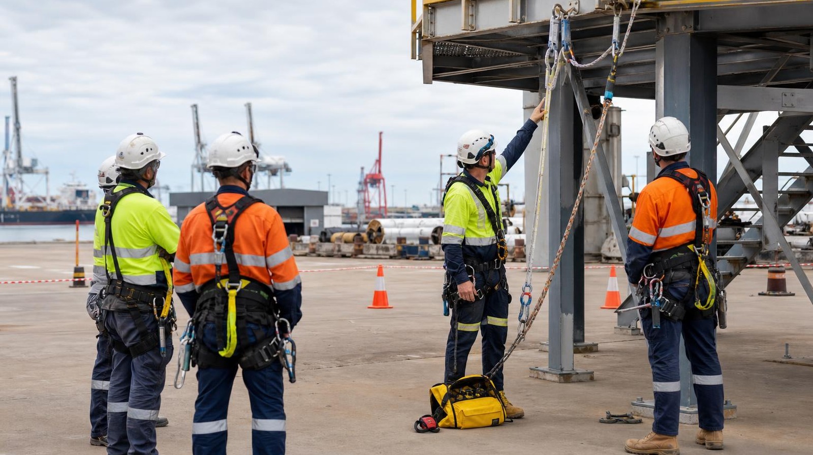 Work Heights Course Perth — Fall Restraint Rescue Plan (Naval Base) Trainees reviewing fall restraint setup and rescue plan during work heights course Perth training at Naval Base