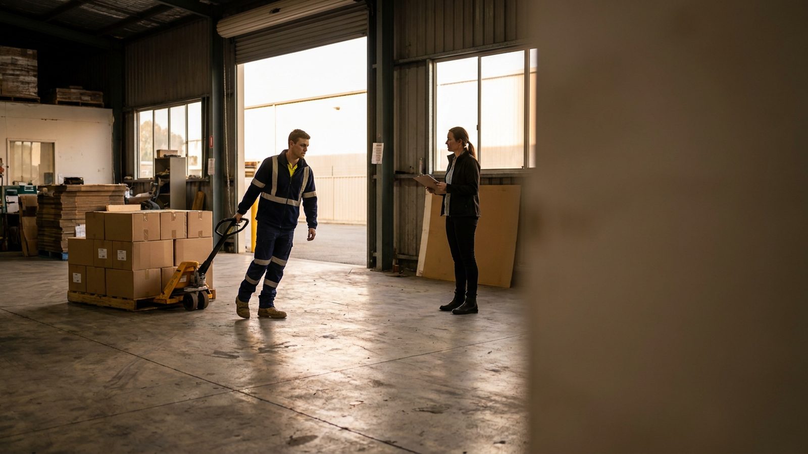 Manual Handling Pallet Jack Drill Pallet jack mechanical aid drill during a certificate in manual handling course in Perth.