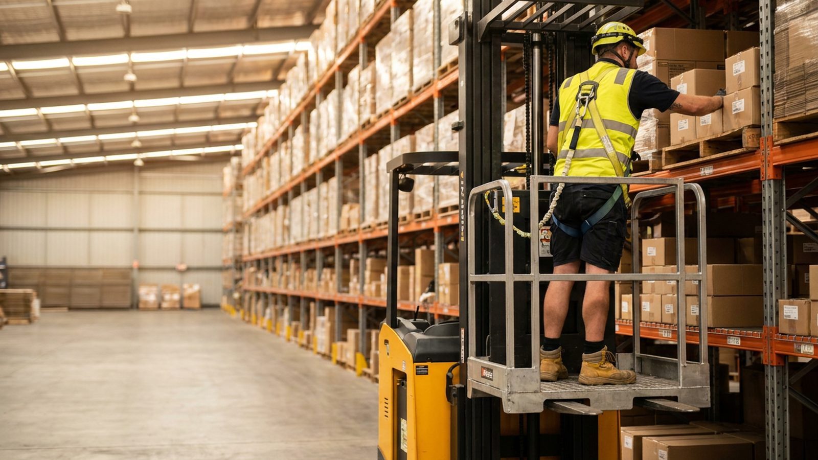 Elevated order picker pick face drill during forklift LO licence Perth training.