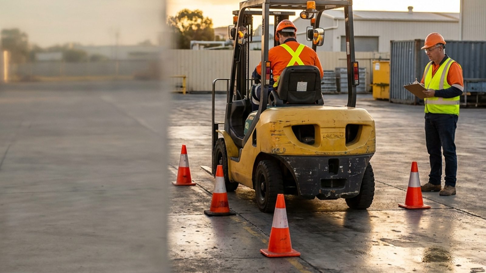 Forklift Ticket Cone Slalom Drill Reverse cone slalom drive drill during forklift ticket Perth practical.