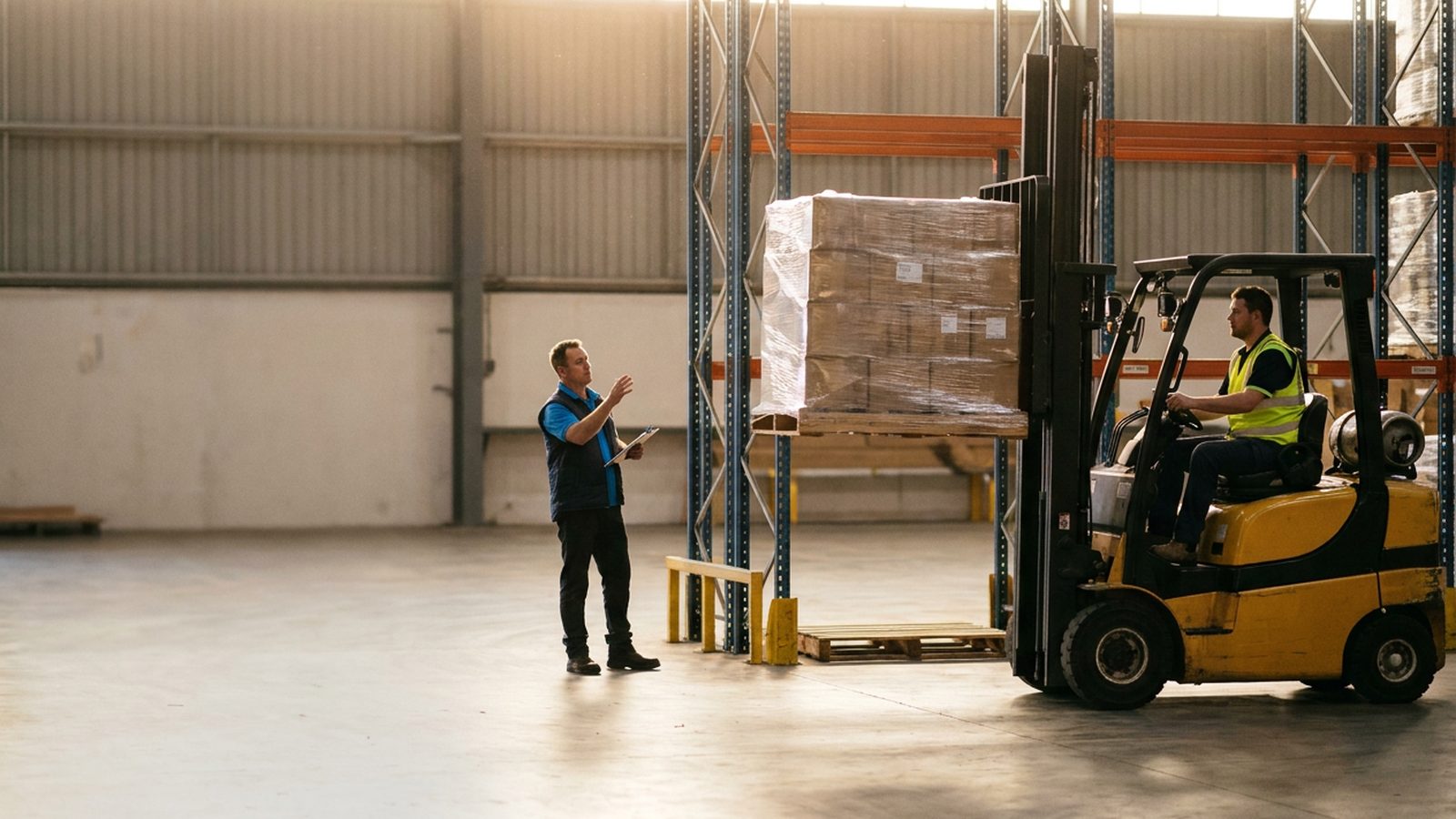 Pallet racking stack drill during a forklift training course in Perth.