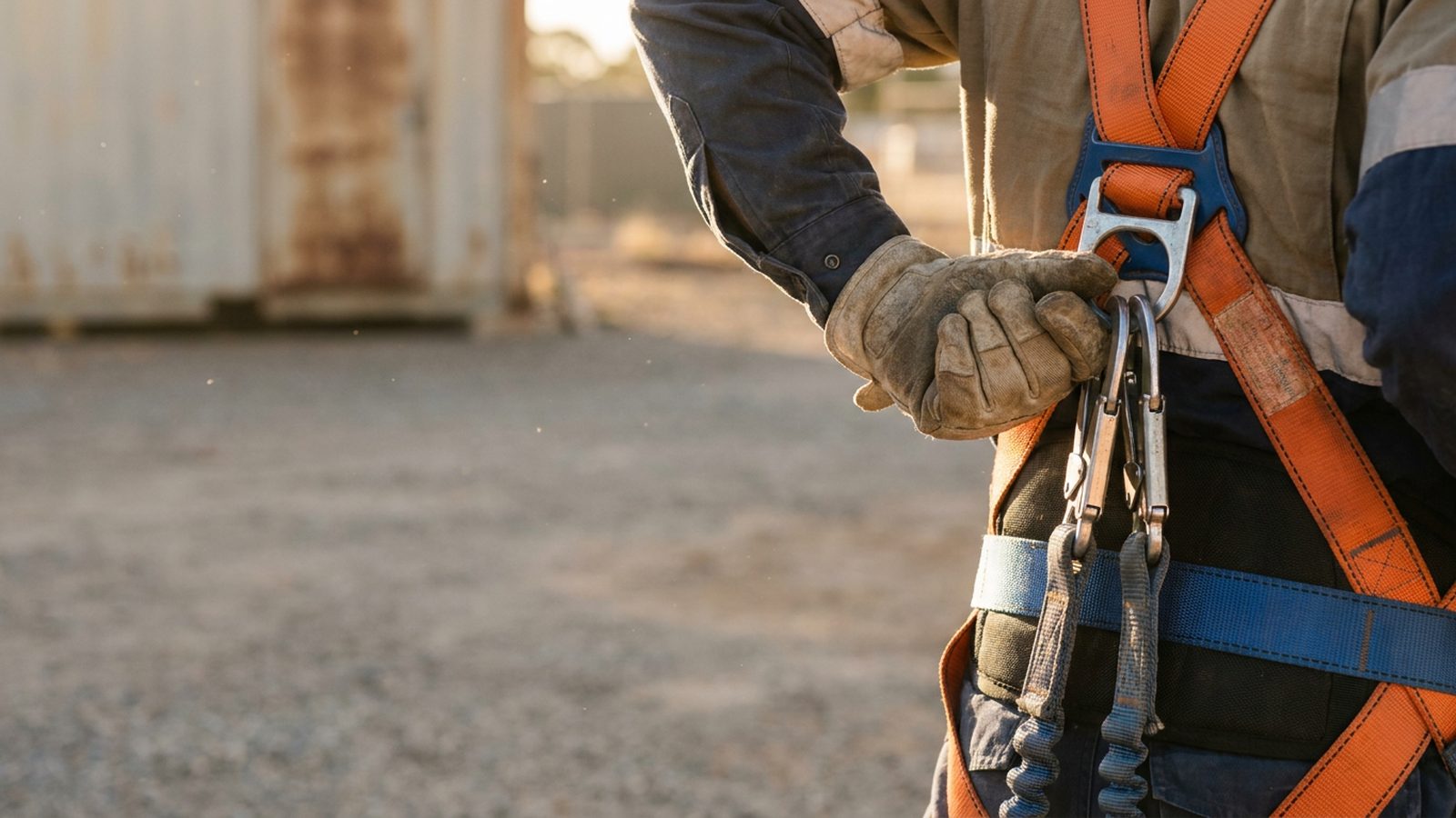 Dorsal D-ring inspection during harness safety training in Perth.