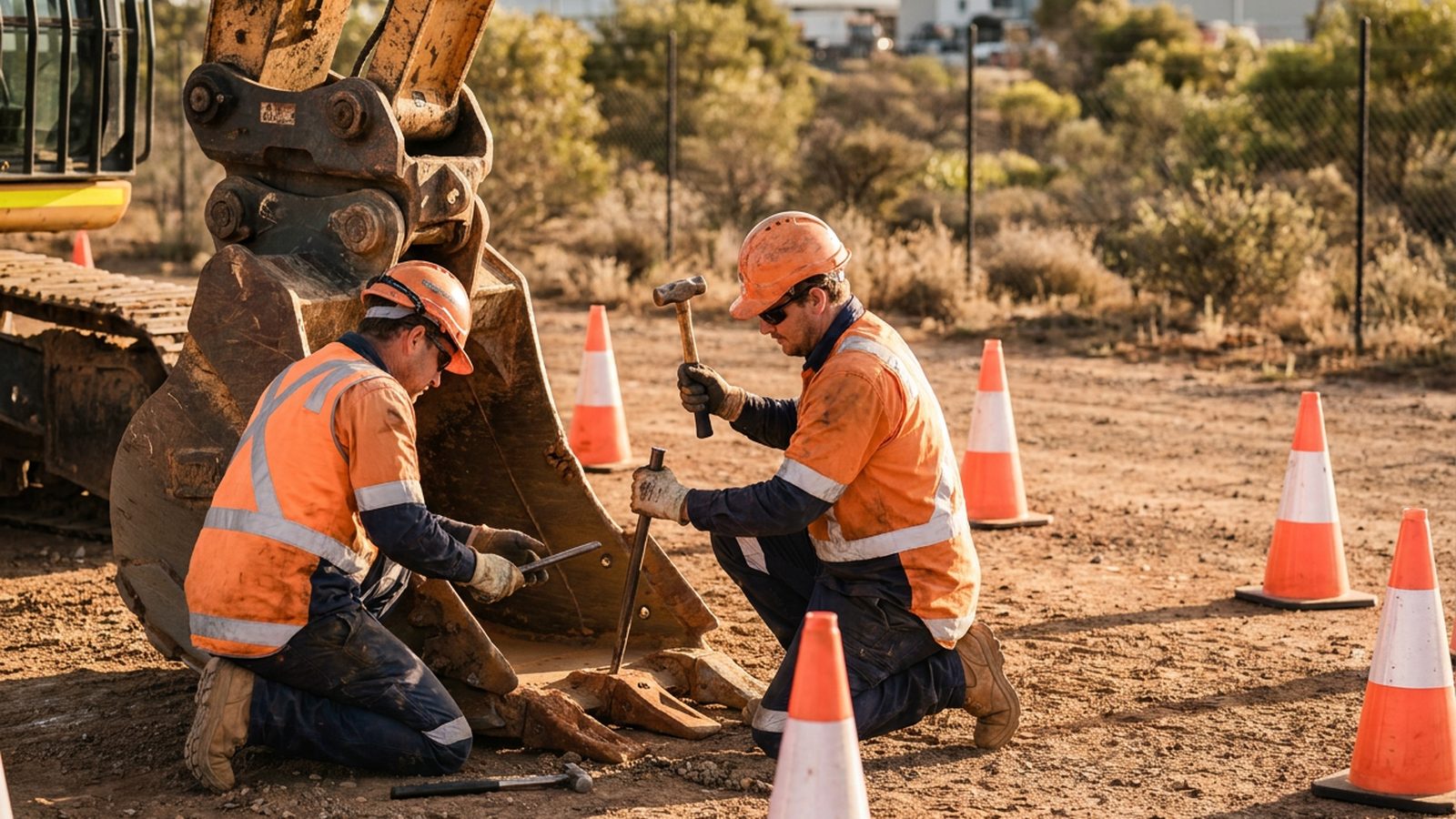 Bucket teeth swap drill during licence for excavator training in Perth.