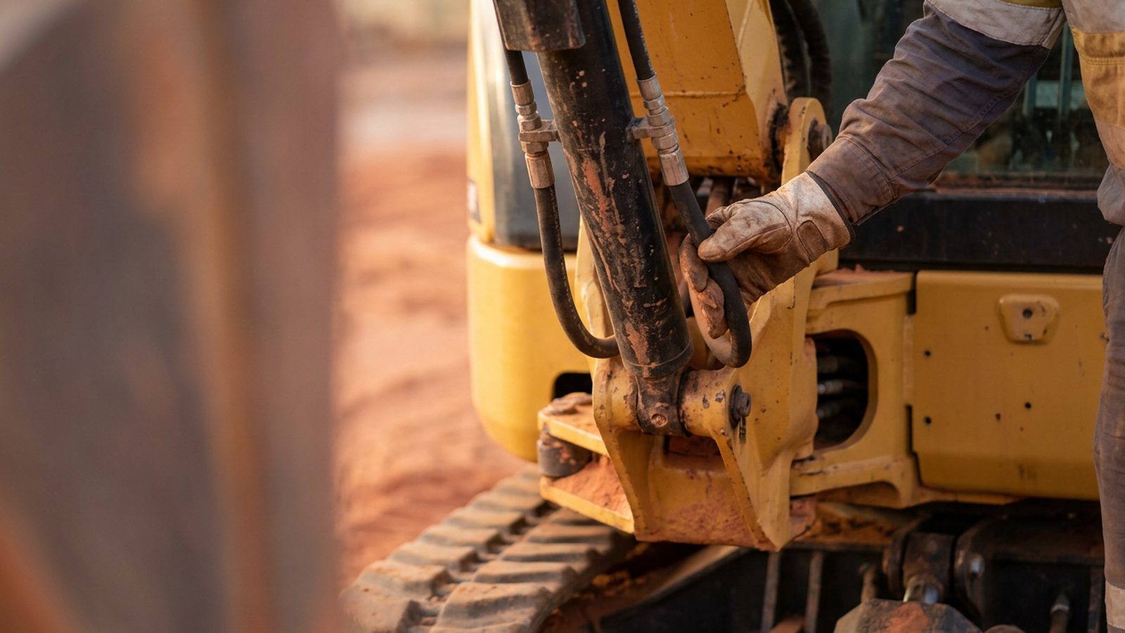 Hydraulic hose pre-start inspection during licence for excavator Perth training.