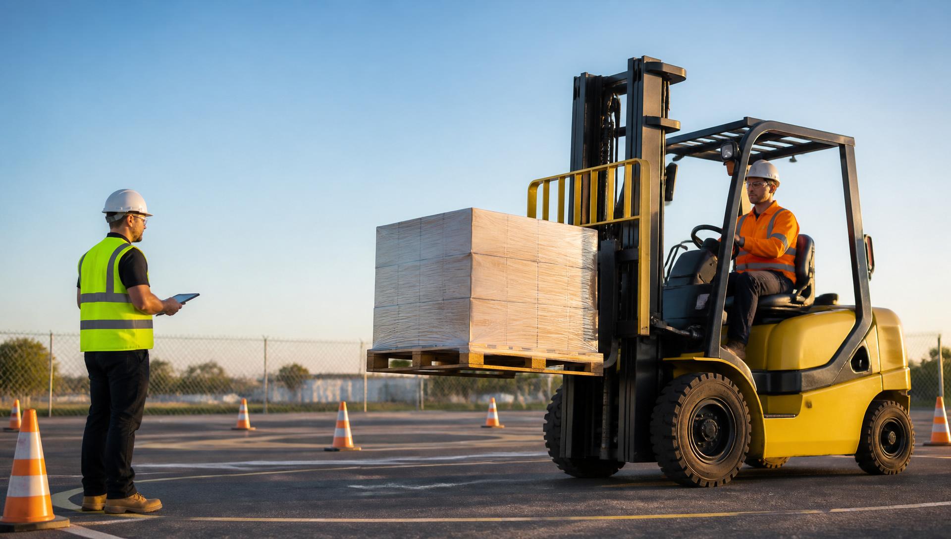KI Training assessor running a forklift high risk work licence demo at the Welshpool Perth training yard