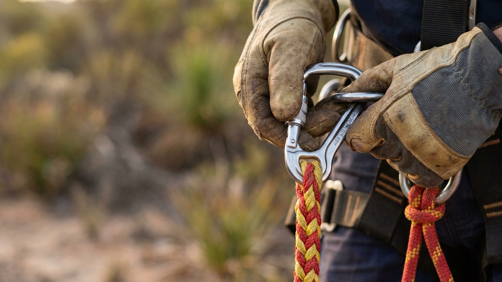 Double action karabiner gate check for the working at heights ticket Perth.