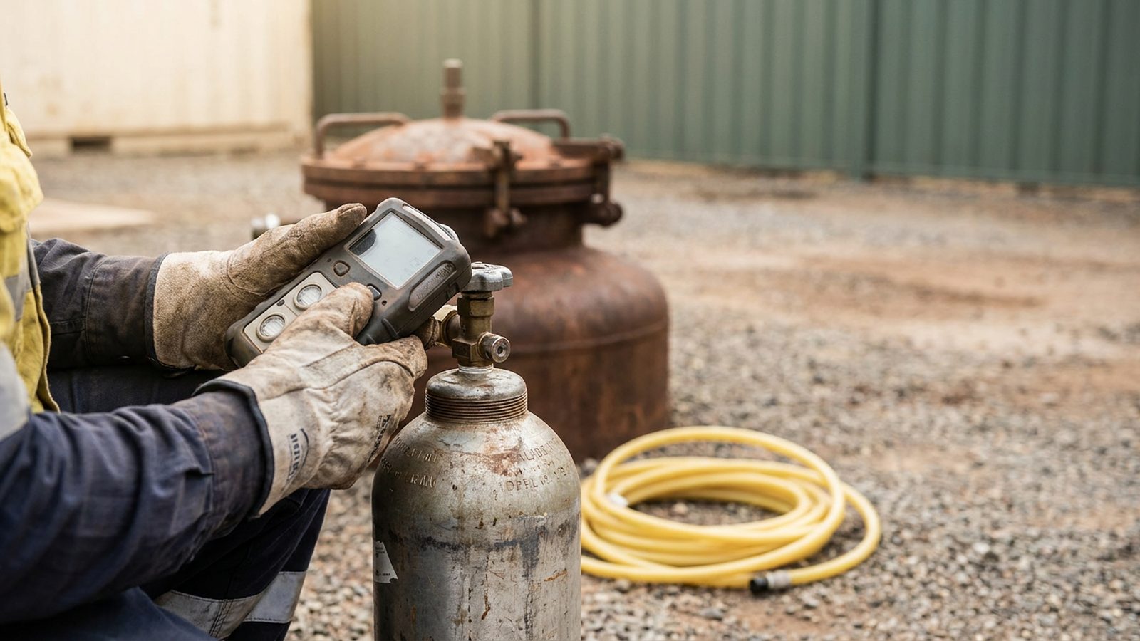 Confined Space Gas Monitor Bump Test Four gas monitor bump test check during confined space training in Western Australia.