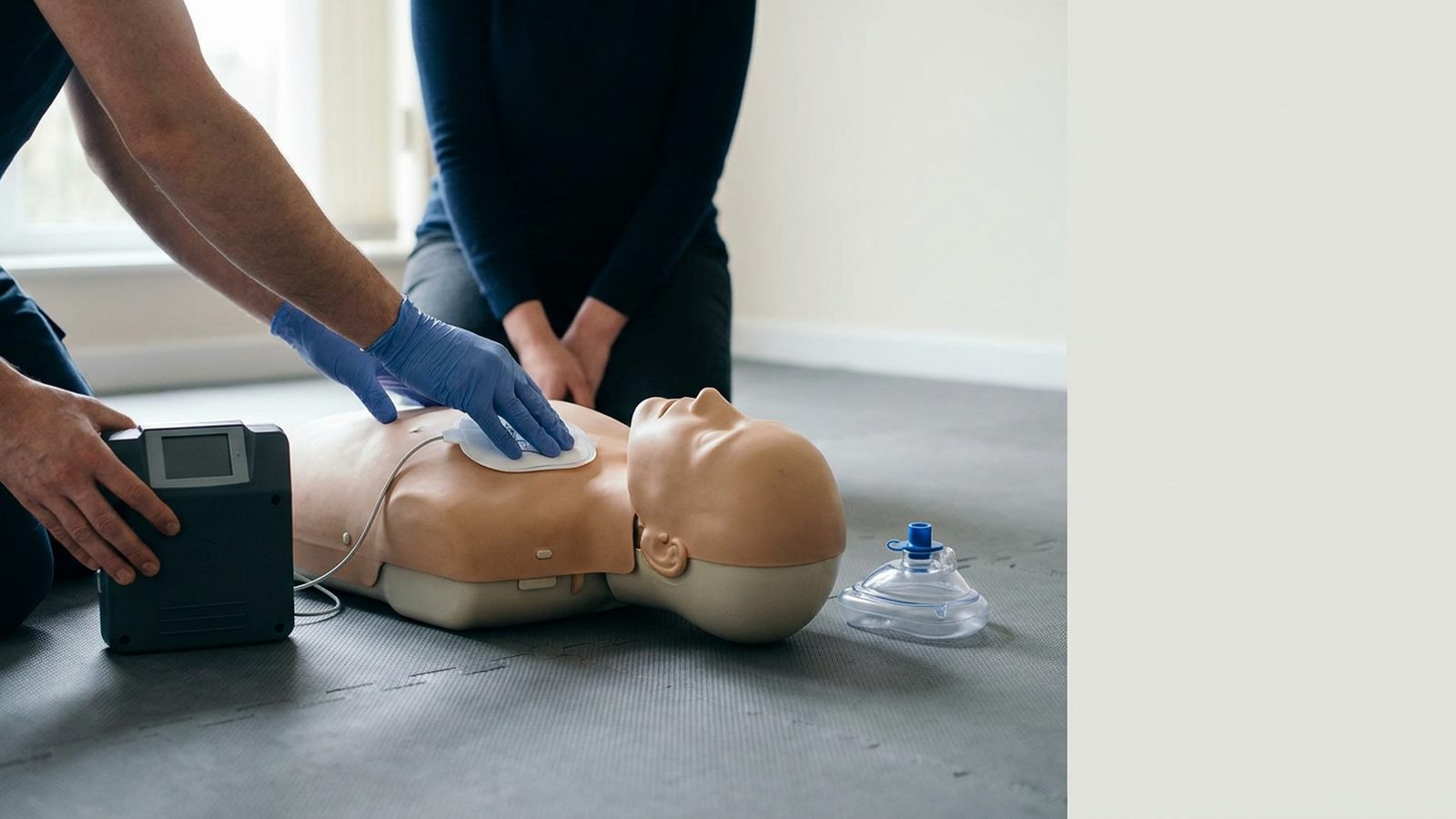 Defibrillator pad placement drill during a CPR certificate Perth practical session.