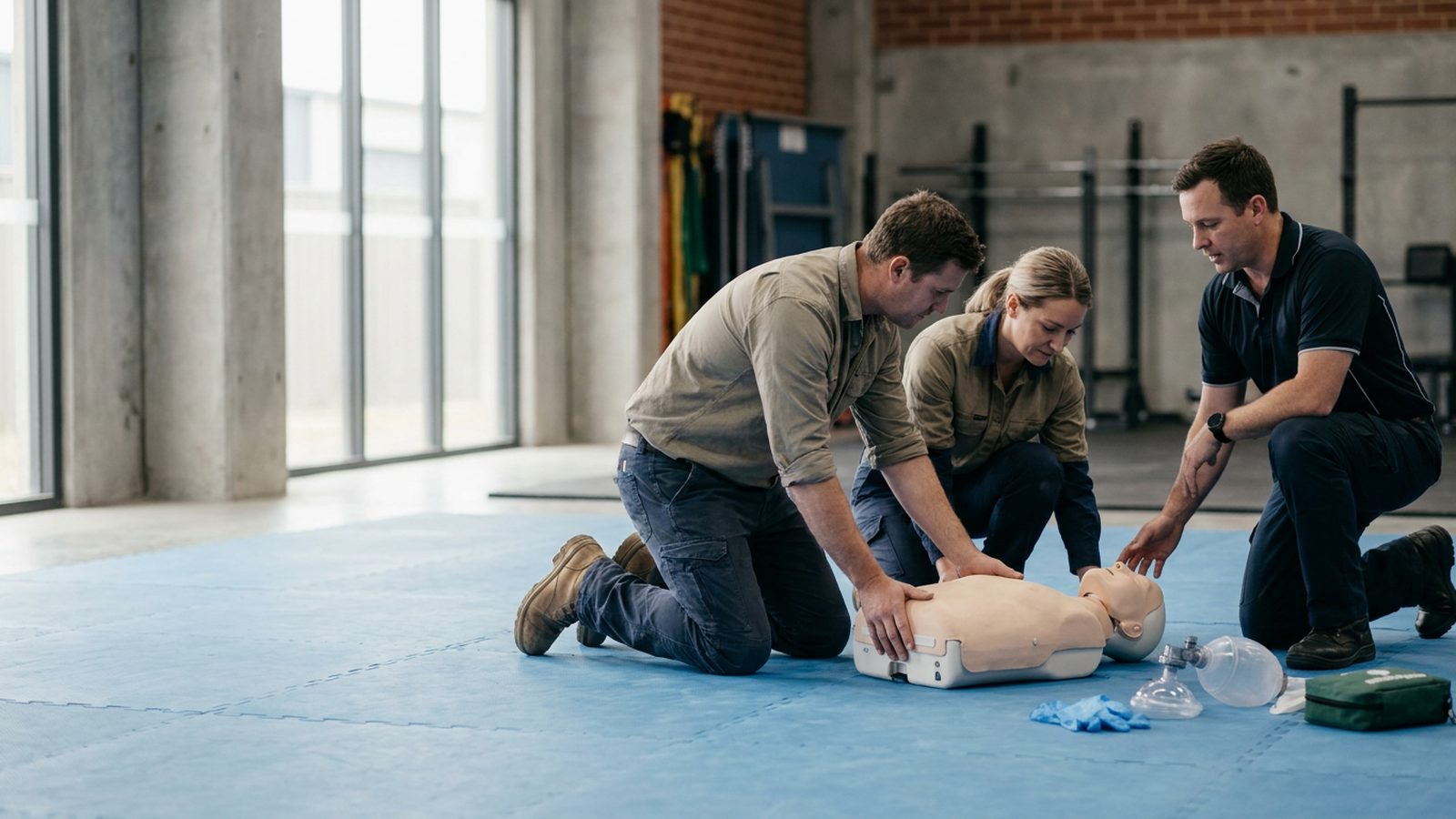Recovery position roll drill during a first aid and CPR course in Western Australia.