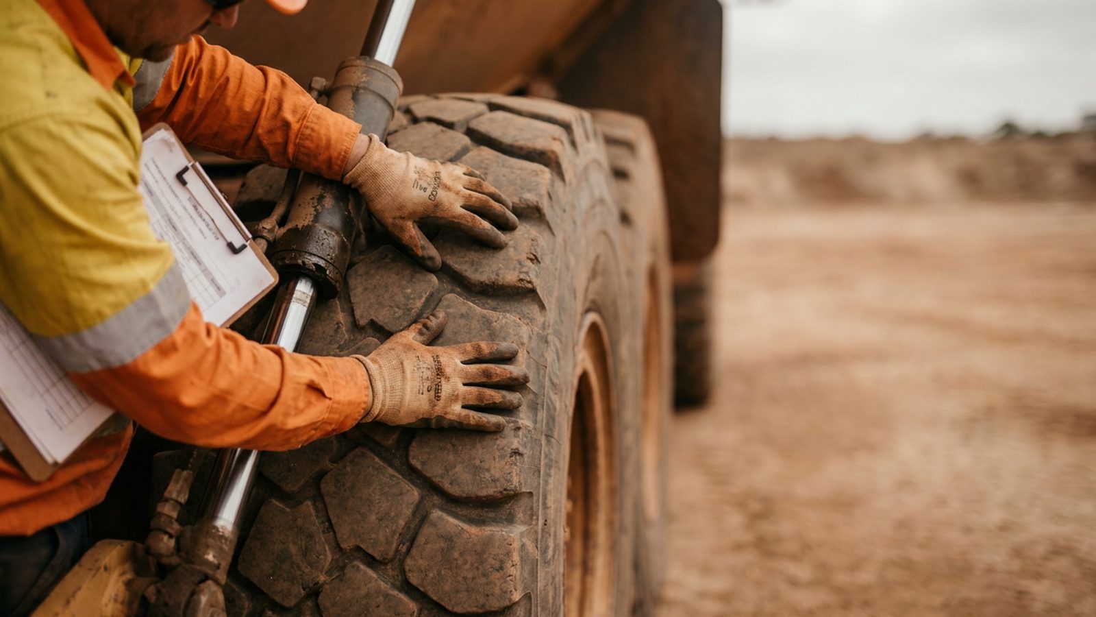 Pre start walk around checks before a haul truck ticket assessment in Western Australia.