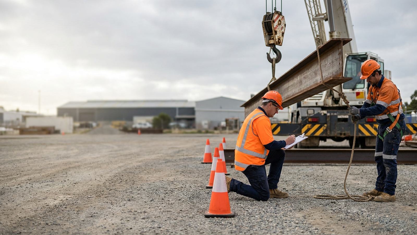 Assessor observing a slung beam and tag line during a rigging VOC assessment in Perth.