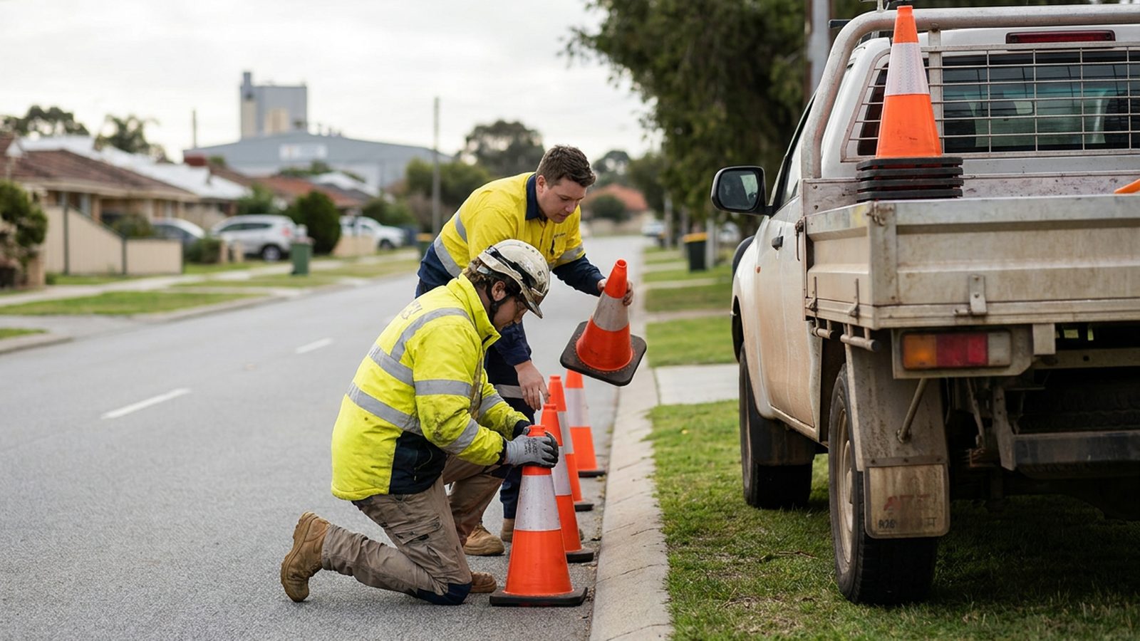 Traffic Control Cone Taper Setup Cone taper setup drill during a traffic control course practical in Perth.