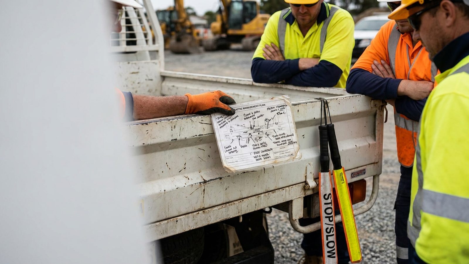 Traffic Management Plan Crew Briefing Traffic management plan briefing before a lane closure on a WA roadworks shift.