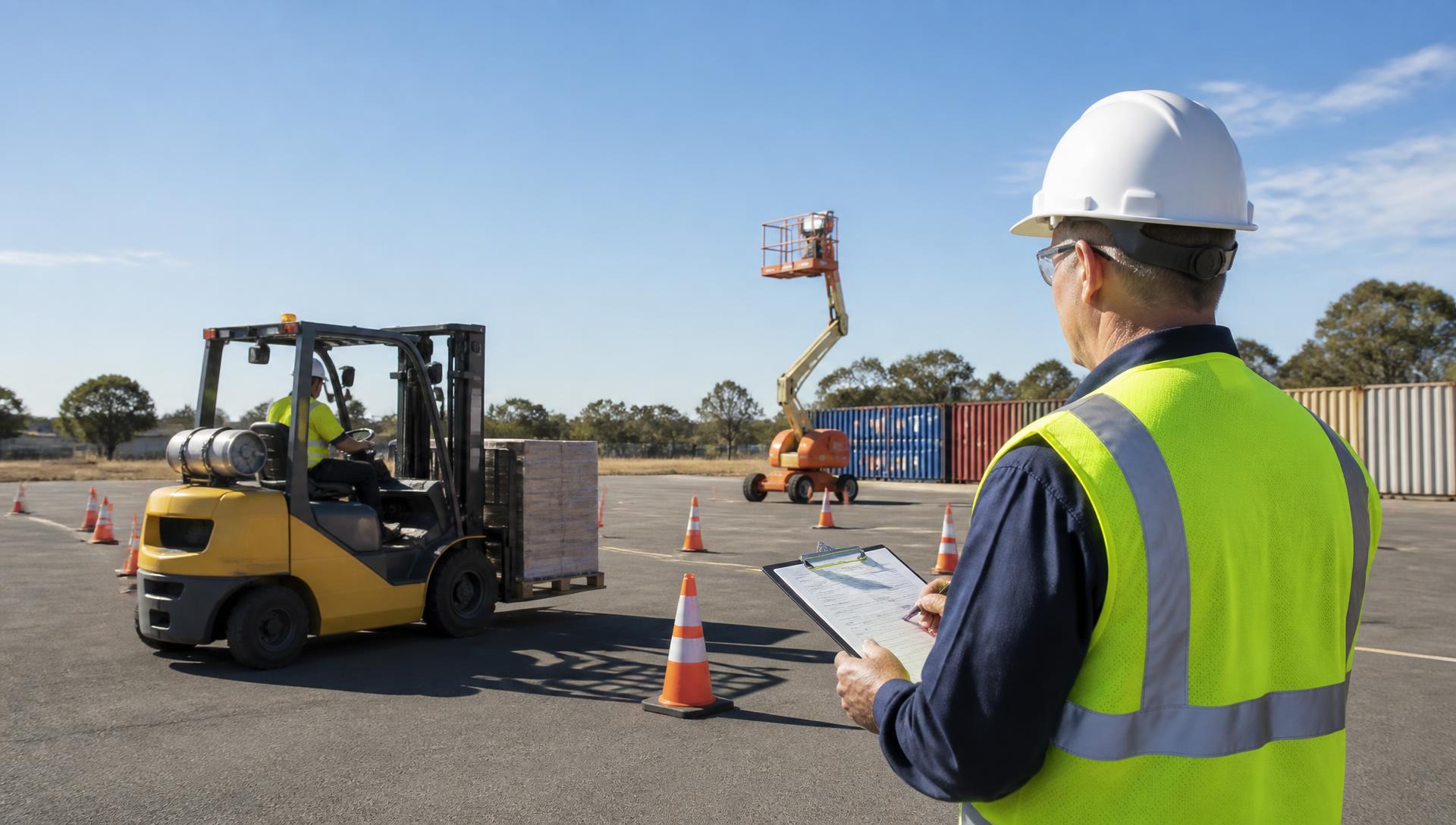 KITA assessor signing off a nationally recognised high risk work assessment beside a forklift at the Welshpool Perth training yard
